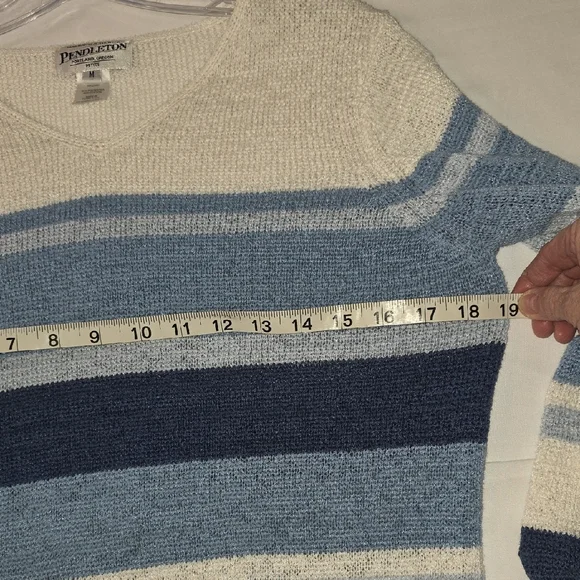 Pendleton Vintage Blue Striped V-Neck Cotton Blend Coastal Sweater Size MP - Picture 4 of 5